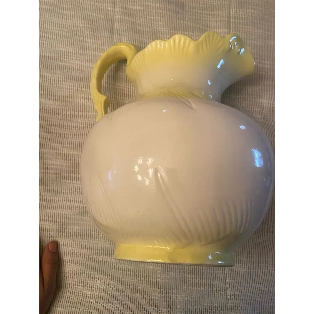Vintage Yellow Ceramic Vase with Ruffled Top & Stylish Handle